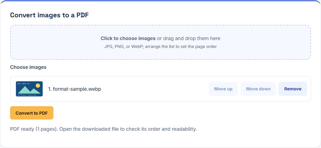 Actual image-to-PDF tool after exporting a WebP fixture as a one-page PDF.