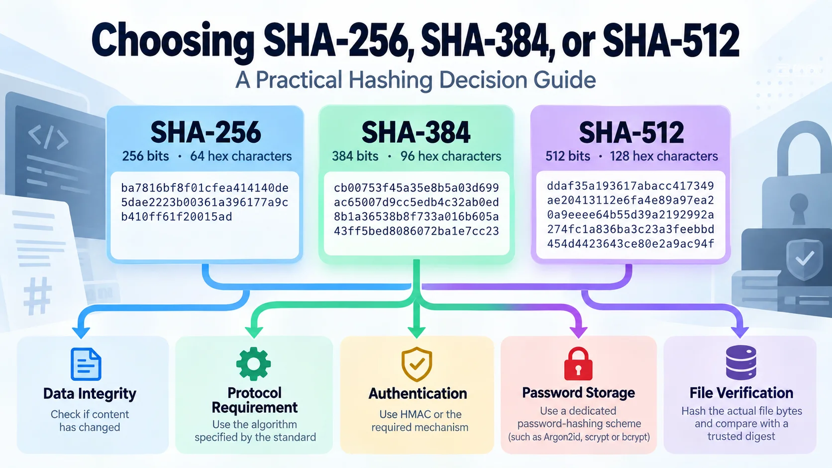 Decision guide comparing SHA-256, SHA-384 and SHA-512 for data integrity, protocol requirements, authentication and password-storage use cases.