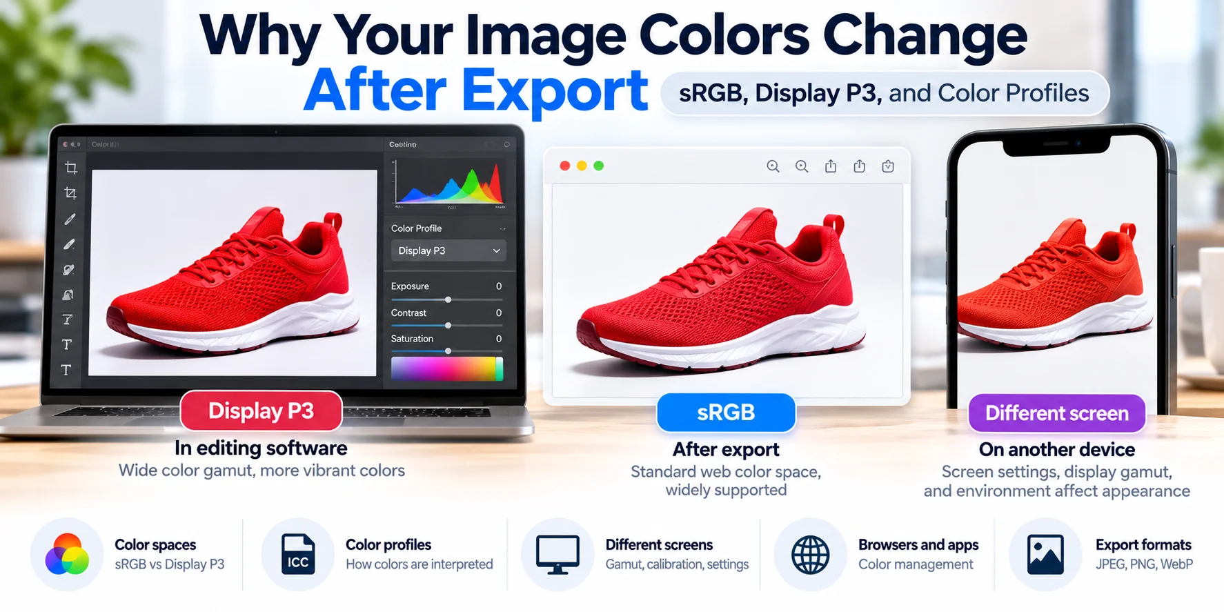 Comparison of a product photograph in sRGB and Display P3 color spaces, illustrating how ICC profiles, image exports, and different screens can affect color appearance.